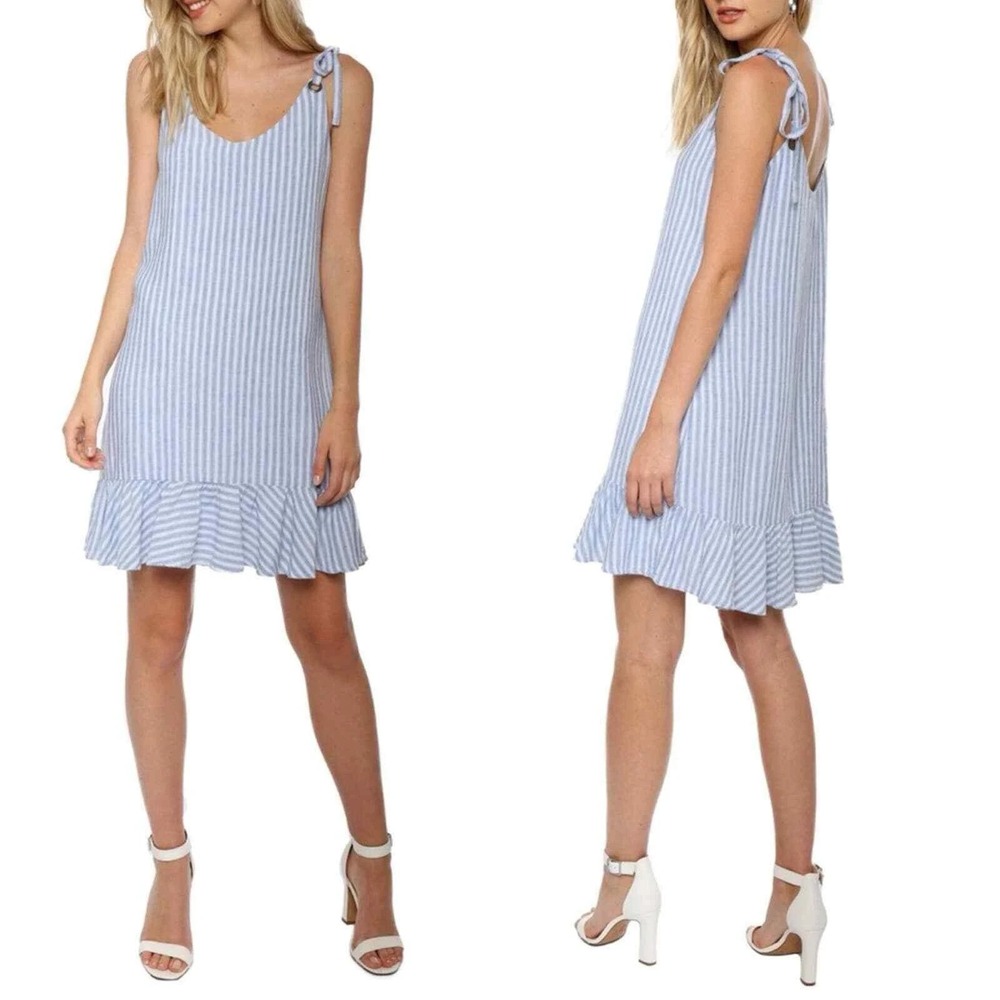 Rails Diana Sicily Blue White Stripe Tie Shoulder Ruffle Hem Linen Dress Sz XS